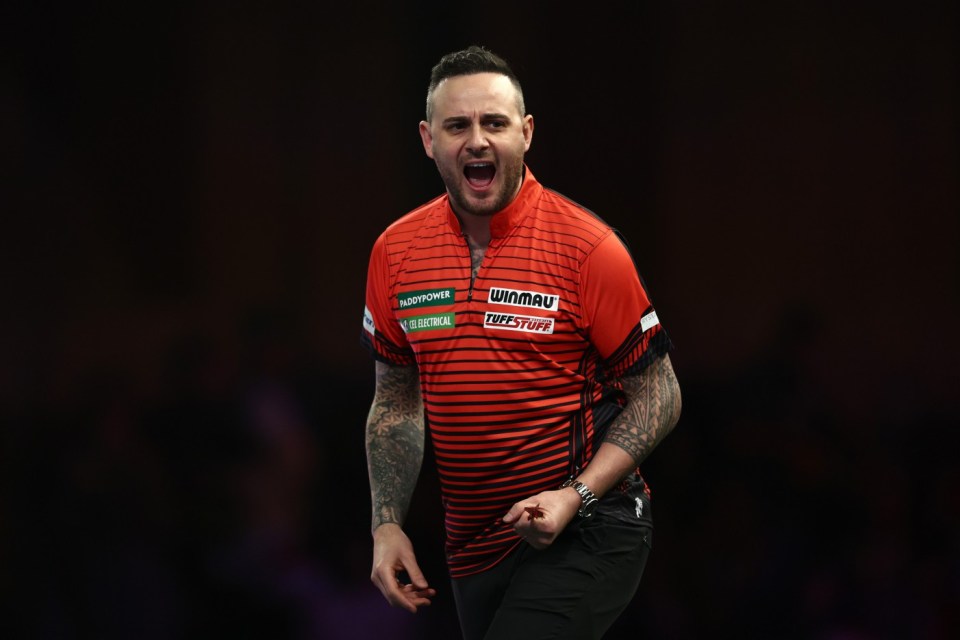 LONDON, ENGLAND - DECEMBER 22: Joe Cullen of England reacts during his Second Round match against Wessel Nijman of the Netherlands on day eight of the 2024/25 Paddy Power World Darts Championship at Alexandra Palace on December 22, 2024 in London, England. (Photo by James Fearn/Getty Images)