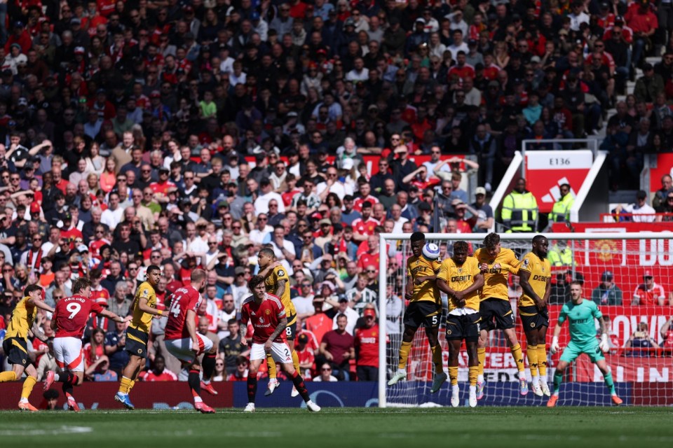 MANCHESTER, ENGLAND - APRIL 20: Marshall Munetsi, Emmanuel Agbadou Joergen Strand Larsen and Toti Gomes of Wolverhampton Wanderers defend a free kick taken by Christian Eriksen of Manchester United during the Premier League match between Manchester United FC and Wolverhampton Wanderers FC at Old Trafford on April 20, 2025 in Manchester, England. (Photo by Wolverhampton Wanderers FC/Wolves via Getty Images)