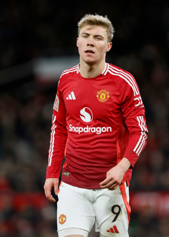 MANCHESTER, ENGLAND - FEBRUARY 7: Rasmus Hojlund of Manchester United on the pitch during the Emirates FA Cup Fourth Round match between Manchester United and Leicester City at Old Trafford on February 7, 2025 in Manchester, England. (Photo by Richard Sellers/Sportsphoto/Allstar via Getty Images)