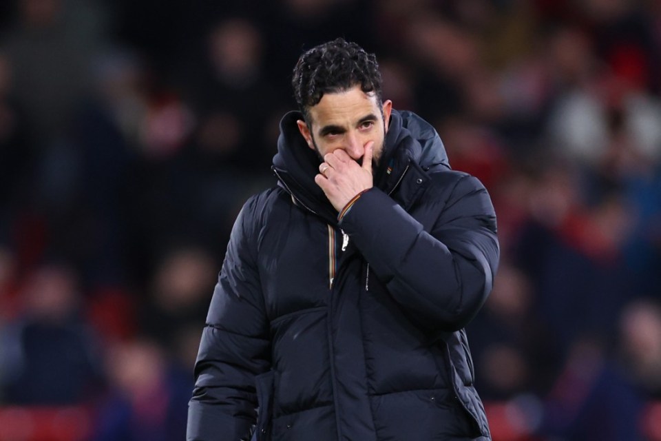 NOTTINGHAM, ENGLAND - APRIL 1: A dejected Ruben Amorim the head coach / manager of Manchester United at full time following the 1-0 defeat during the Premier League match between Nottingham Forest FC and Manchester United FC at City Ground on April 1, 2025 in Nottingham, England. (Photo by Robbie Jay Barratt - AMA/Getty Images)