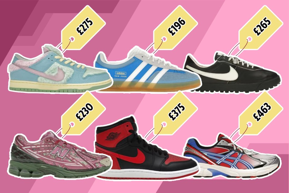 Collage of six pairs of sneakers with price tags.