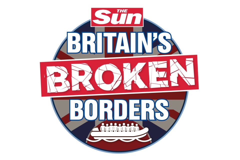 Illustration of The Sun newspaper headline: Britain's Broken Borders, with a small image of a dinghy carrying people.
