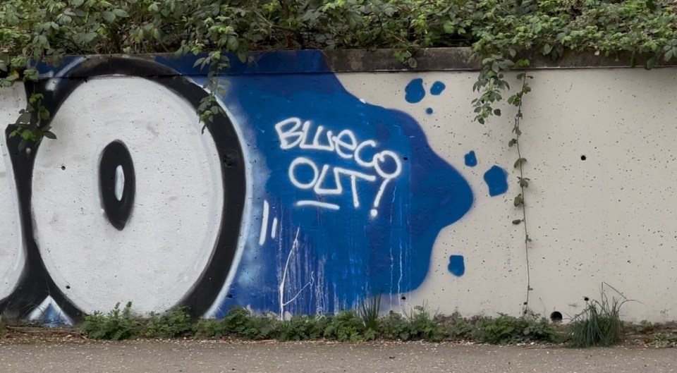 Graffiti on a wall that says "Blueco Out?".
