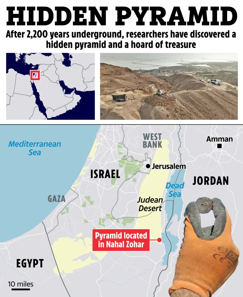 Illustration of a recently discovered pyramid in Israel, along with maps showing its location.