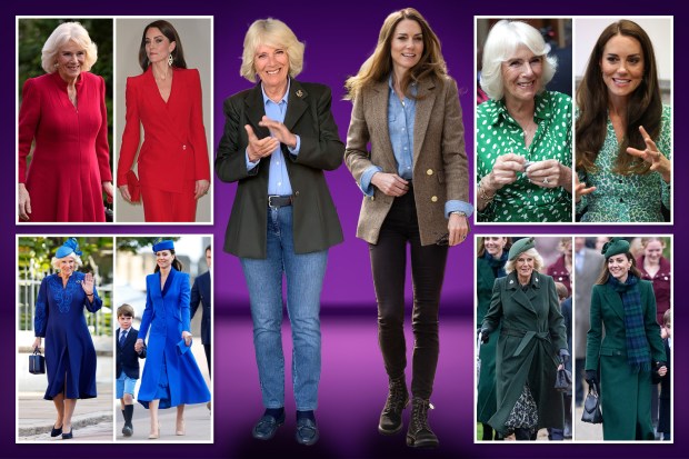 Collage of Camilla, Duchess of Cornwall and Catherine, Princess of Wales in various outfits.