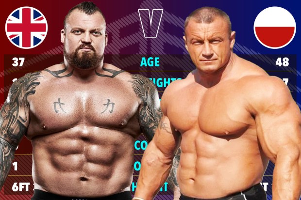 Comparison graphic of two strongmen, one British and one Polish, showing their age and fight statistics.