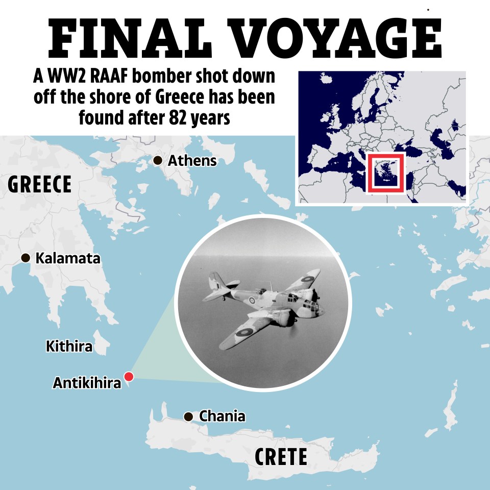 Map showing the location of a WWII RAAF bomber found off the coast of Antikythera, Greece.
