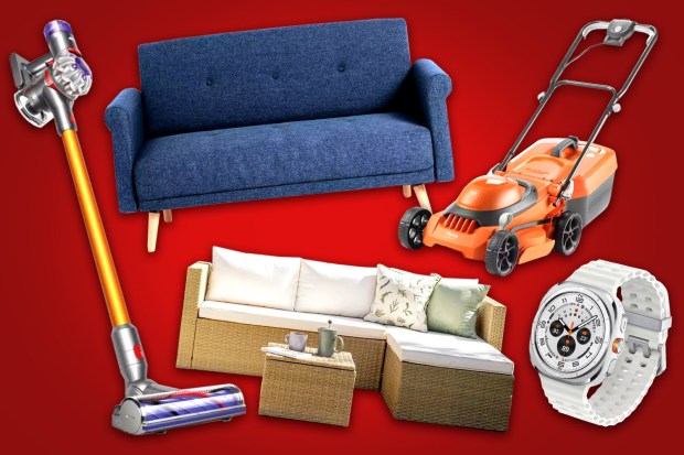 Collage of sale items including furniture, a vacuum cleaner, a lawnmower, and a smartwatch.