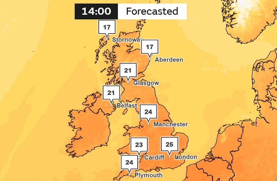 UK forecast map showing temperatures at 2 PM.