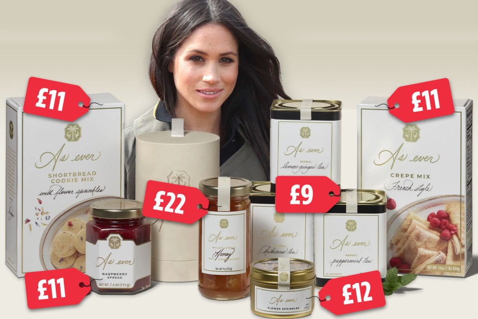 Collage of Meghan Markle with various food and drink items from the "As ever" brand, showing prices.