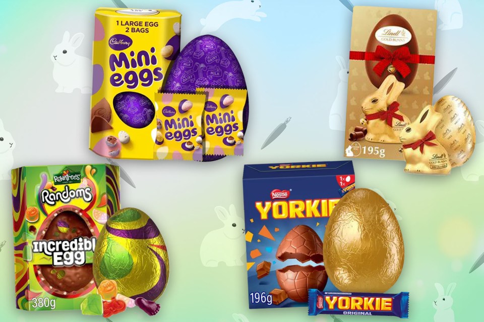 Collage of various Easter chocolate eggs and bunnies.