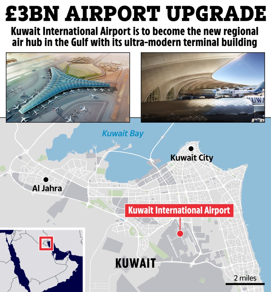 Illustration of Kuwait International Airport upgrade, showing new terminal design and location map.