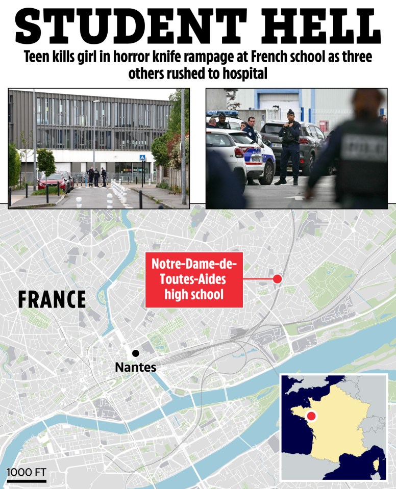 Map showing the location of Notre-Dame-de-Toutes-Aides high school in Nantes, France, where a teen killed a girl in a knife attack.