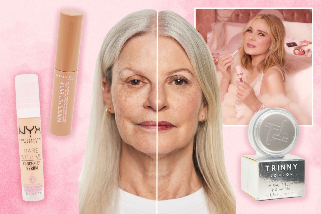 Collage of makeup products and before-and-after photos showing makeup application on a woman.