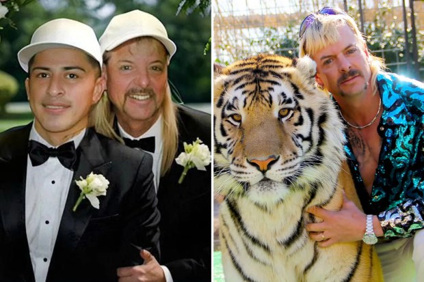 Collage of Joe Exotic's wedding and him with a tiger.