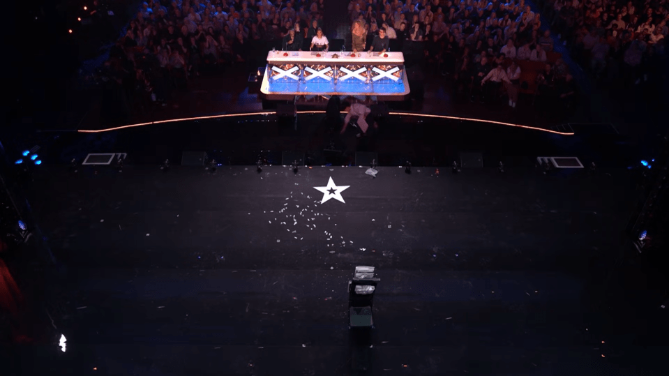 Overhead view of a stage after a performance, confetti scattered on the floor, judges' table in the background.