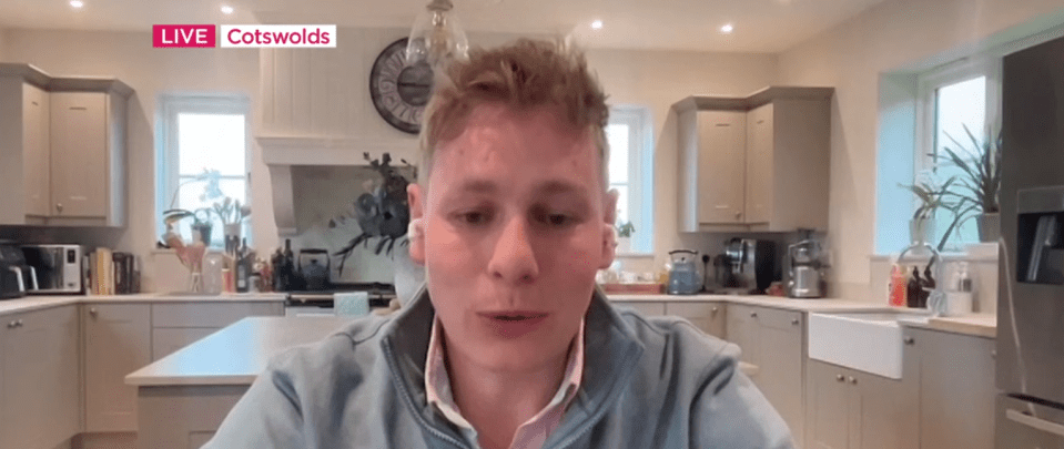 Screenshot of a man in a kitchen giving a live interview from the Cotswolds.