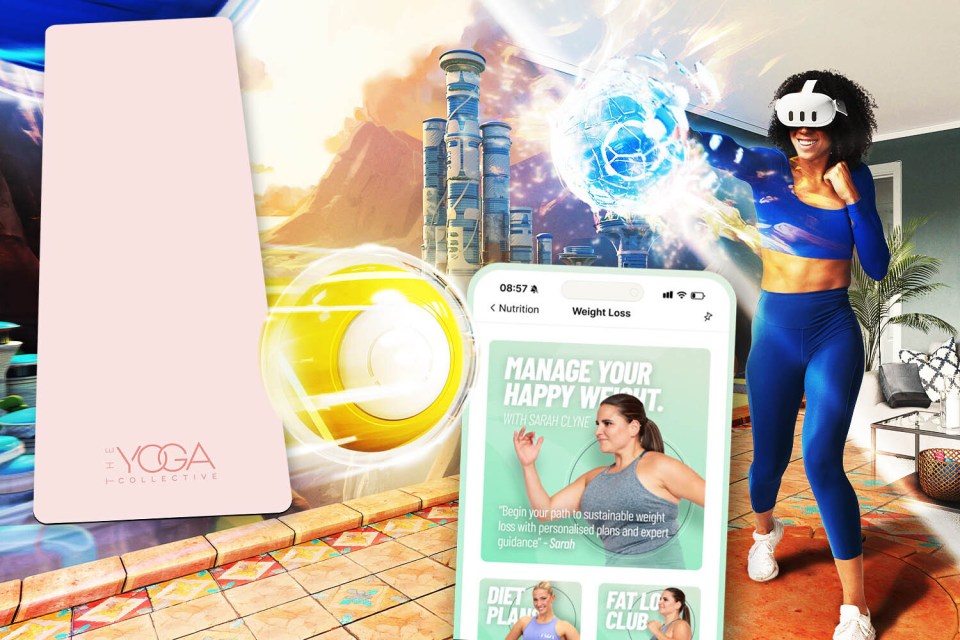 Collage promoting a weight loss program featuring a woman in VR, a yoga mat, and app screenshots.