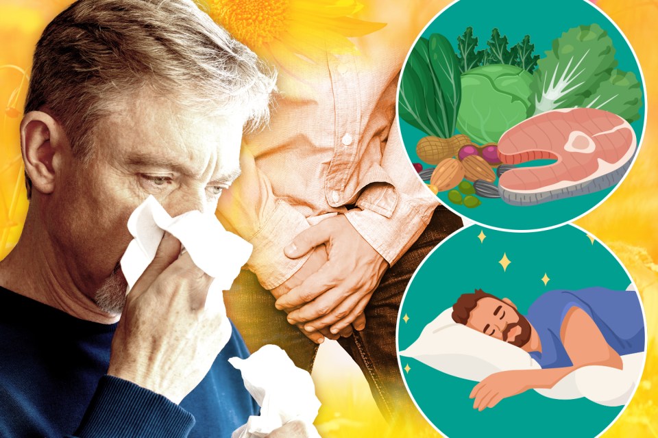 Illustration of a man with hay fever, healthy foods, and a man sleeping.