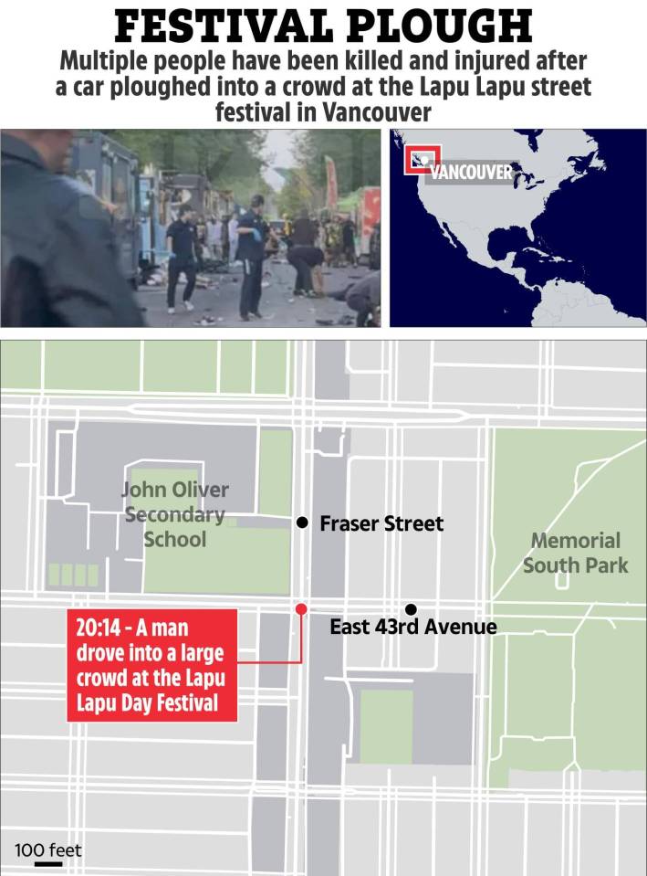 Map showing the location of a car crash at a Vancouver festival.
