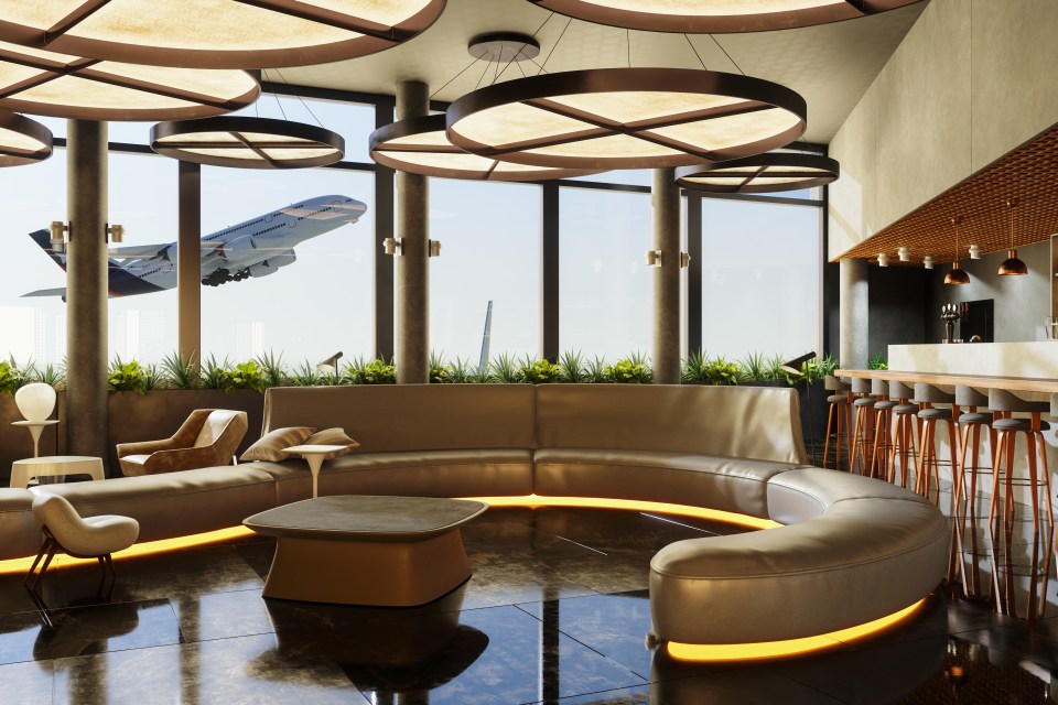Illustration of an empty airport luxury lounge with a curved sofa, bar, and airplane taking off outside the large windows.