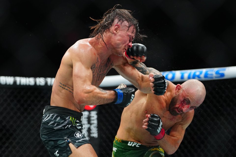 Alexander Volkanovski and Diego Lopes fighting in a UFC match.
