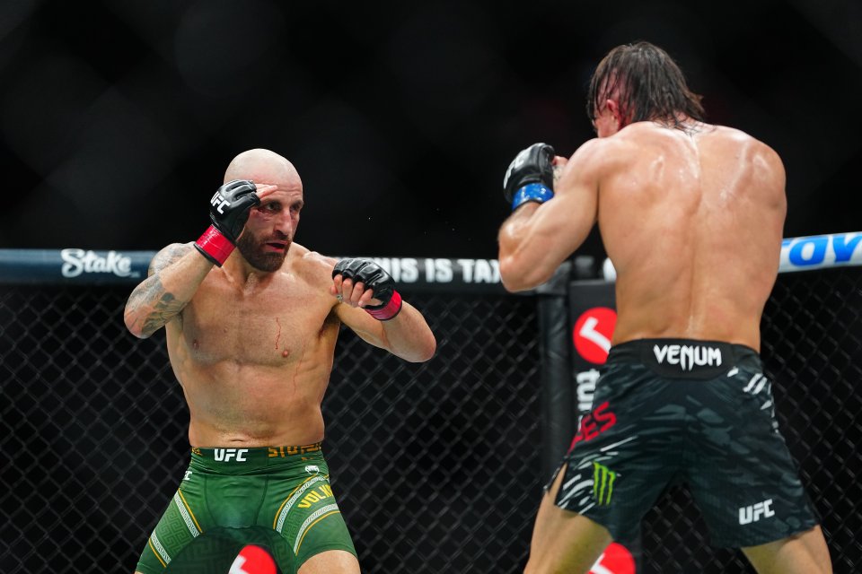 Alexander Volkanovski and Diego Lopes boxing in a UFC match.