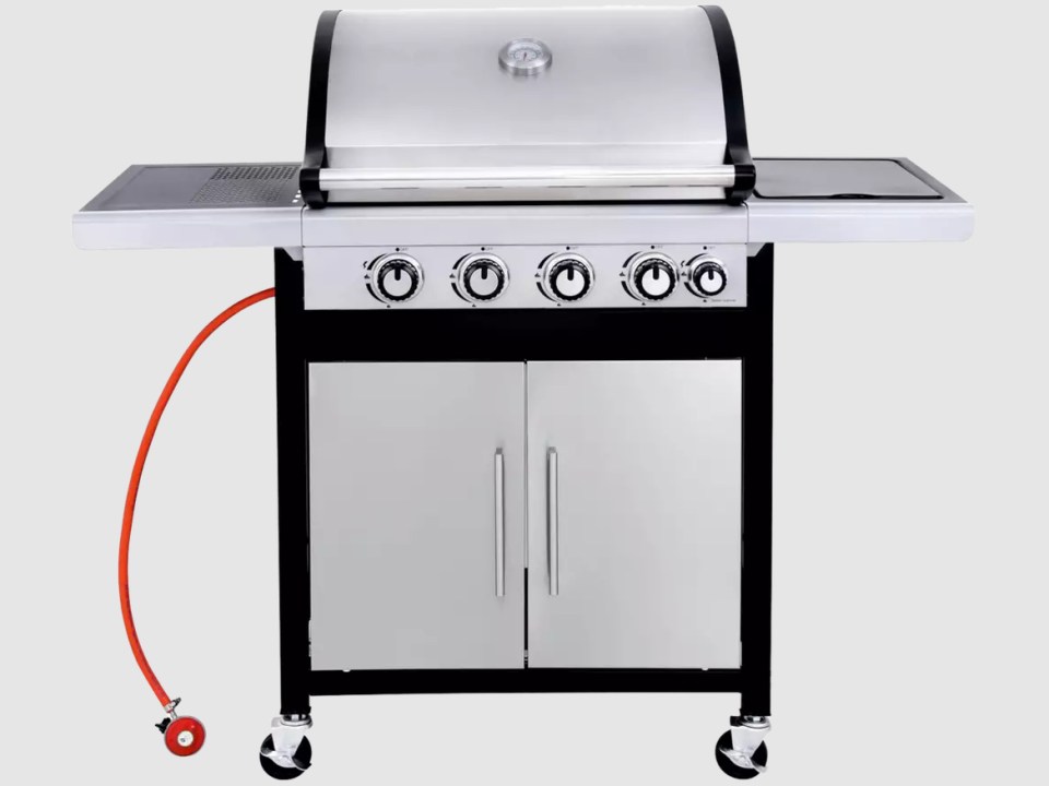 Deluxe four-burner gas BBQ grill with side burner and storage cabinet.