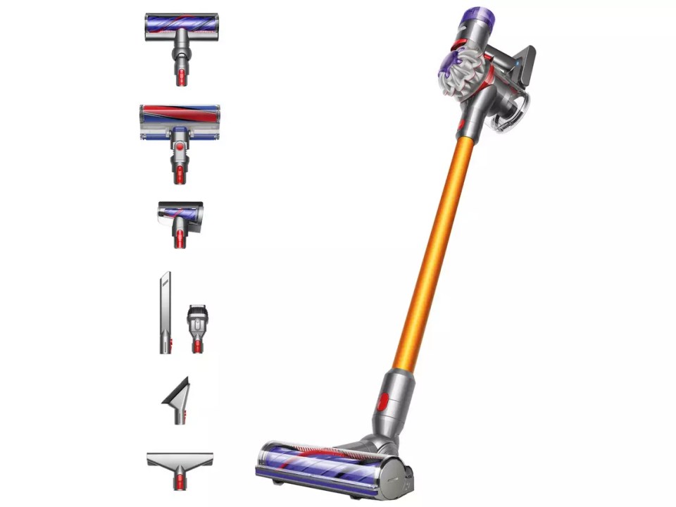 Dyson V8 cordless vacuum cleaner with attachments.
