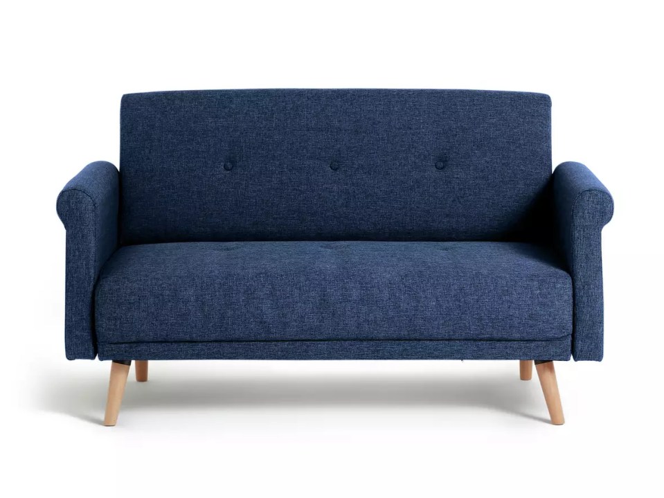 Navy blue futon sofa with wooden legs.