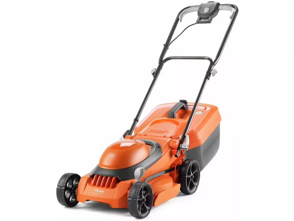 Orange Flymo lawnmower.