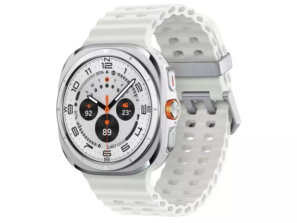 Samsung Galaxy watch with white band.