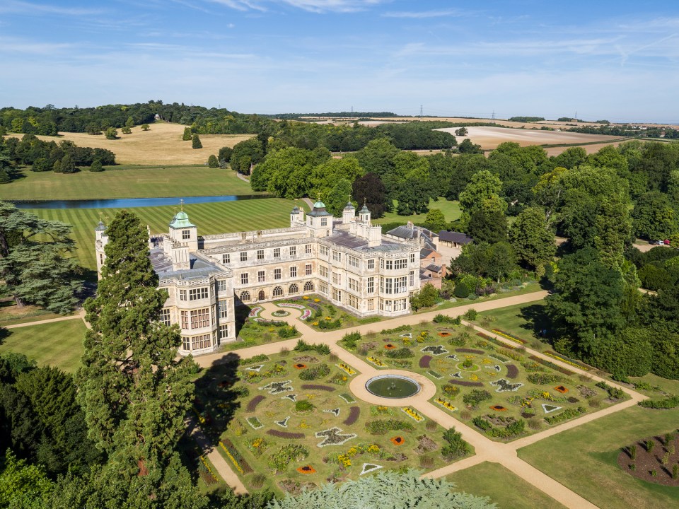 Aerial view of Audley End House and gardens.