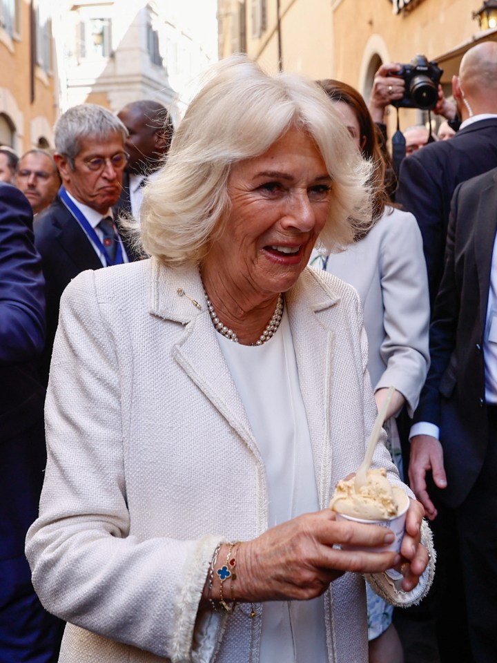 Queen Camilla holding ice cream in Rome.