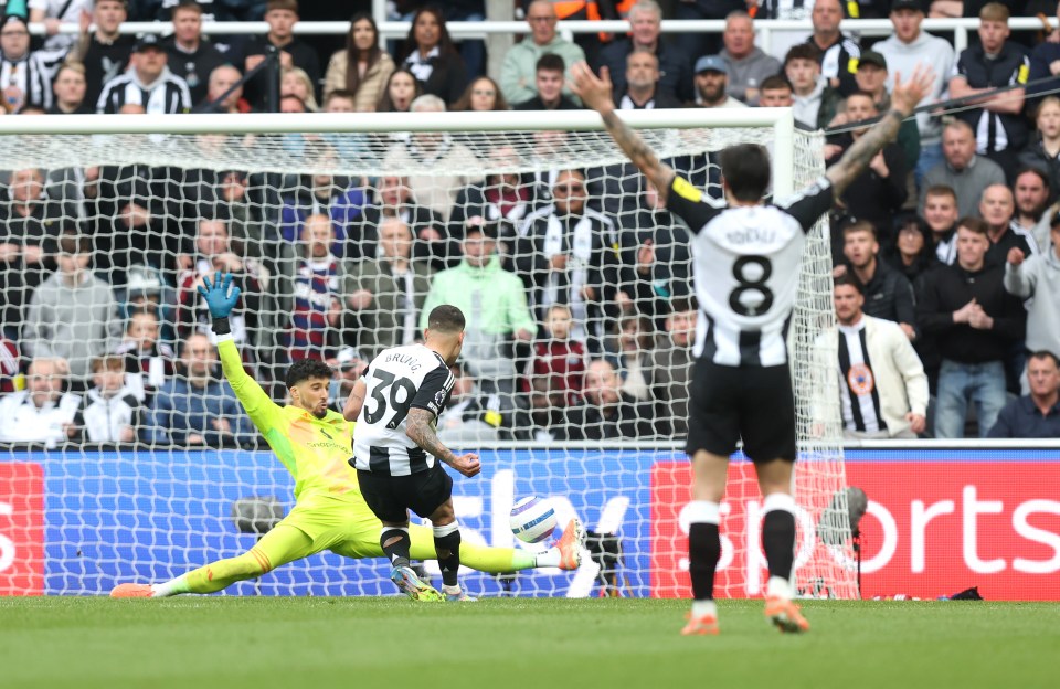 Bruno Guimarães of Newcastle United scoring a goal.
