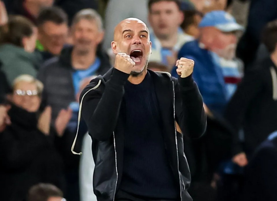 Pep Guardiola celebrating a goal.