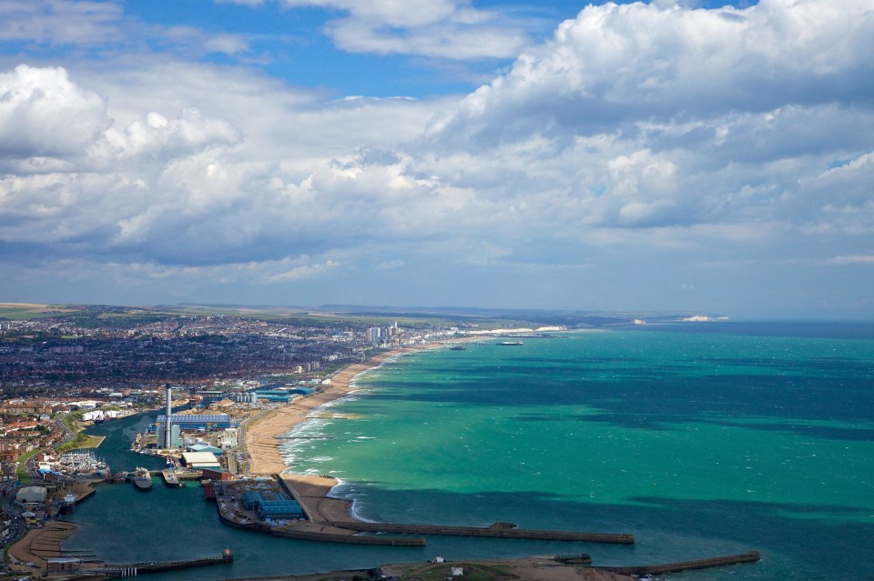 Aerial view of Shoreham Power Station and the coast of Shoreham-by-Sea.