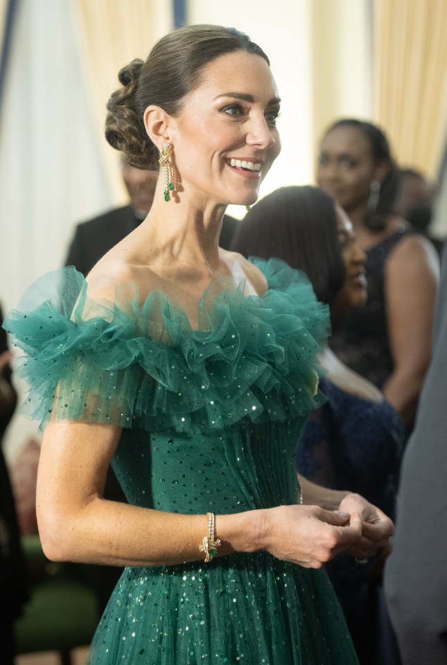 Catherine, Duchess of Cambridge, at a dinner in a green gown.