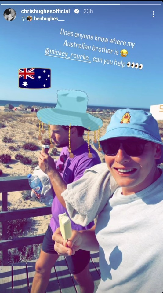 Two brothers on a beach, one eating ice cream, asking Mickey Rourke for help finding their Australian brother.