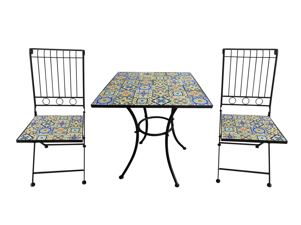 Metal table and two chairs with patterned tile tops.