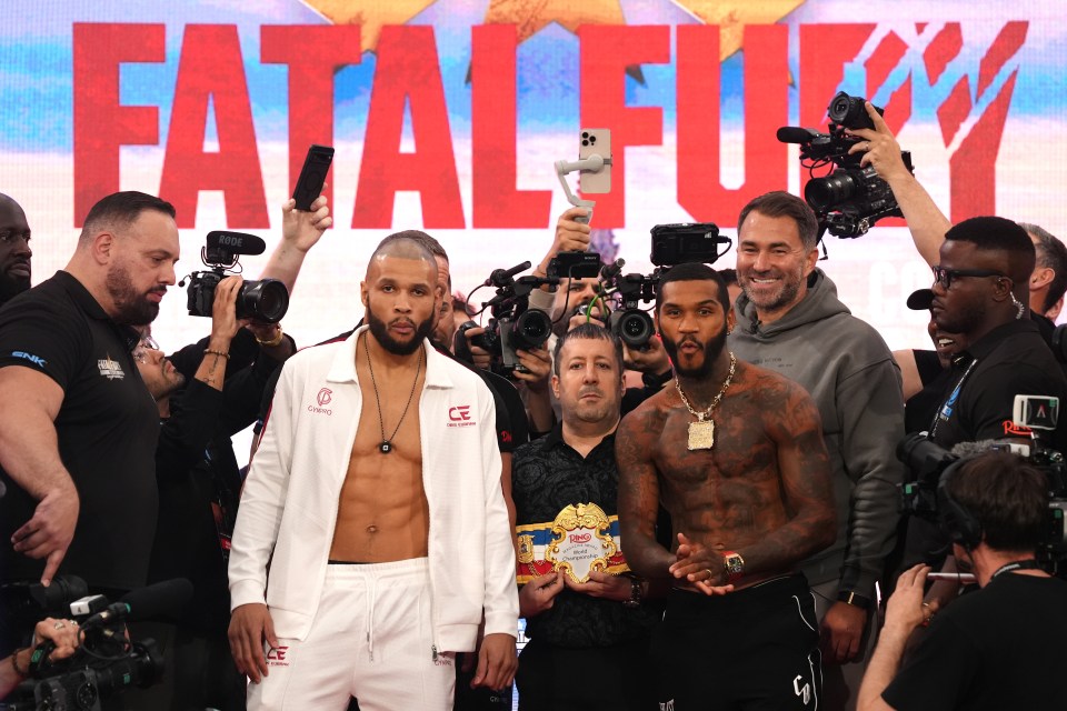 Chris Eubank Jr. and Conor Benn at a boxing weigh-in.