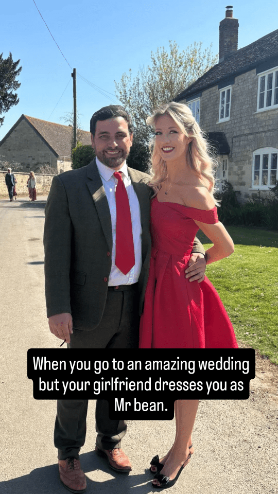 A man and woman at a wedding; the man is dressed in a suit that resembles Mr. Bean's attire.
