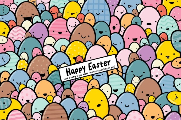 Illustration of many colorful Easter eggs with faces; Happy Easter.