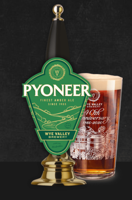 Wye Valley Brewery's Pyoneer ale pump clip and pint glass.