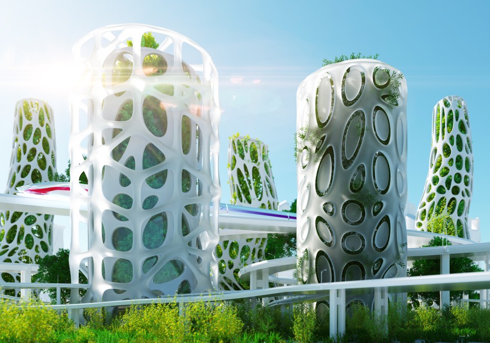 Illustration of futuristic, sustainable buildings with integrated vertical gardens and a high-speed train.