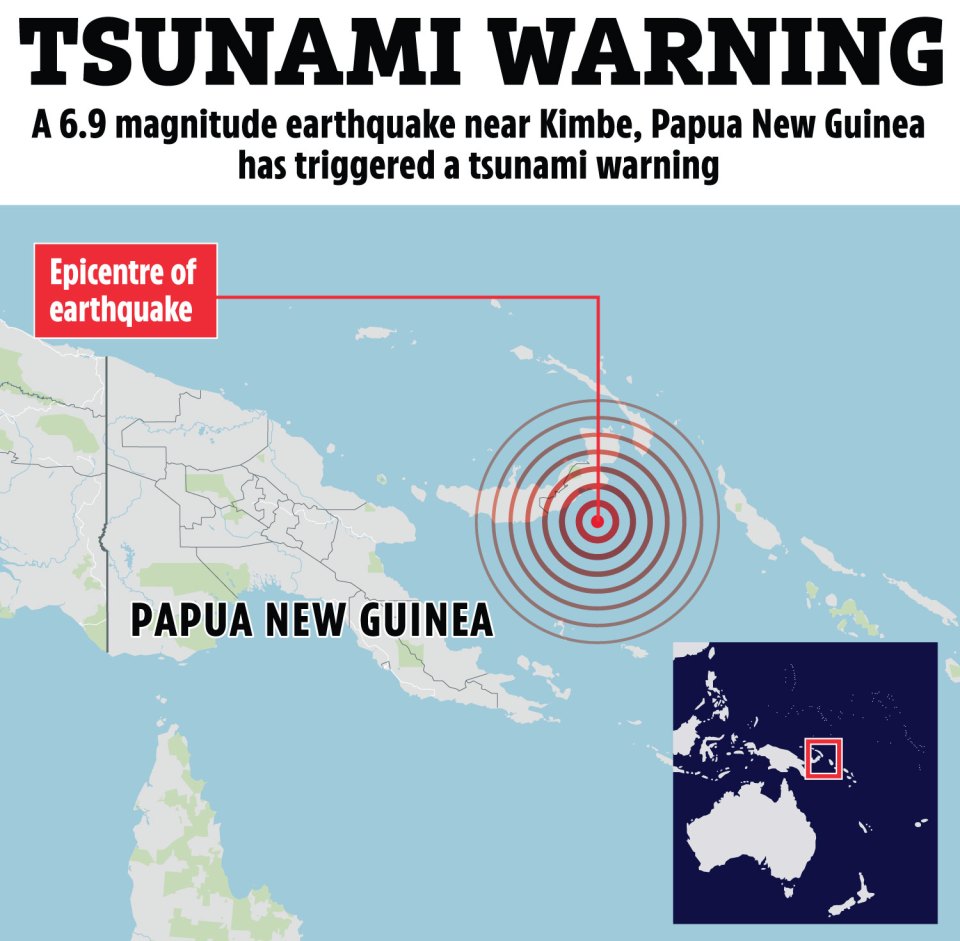 Illustration of tsunami warning map showing earthquake epicenter near Kimbe, Papua New Guinea.