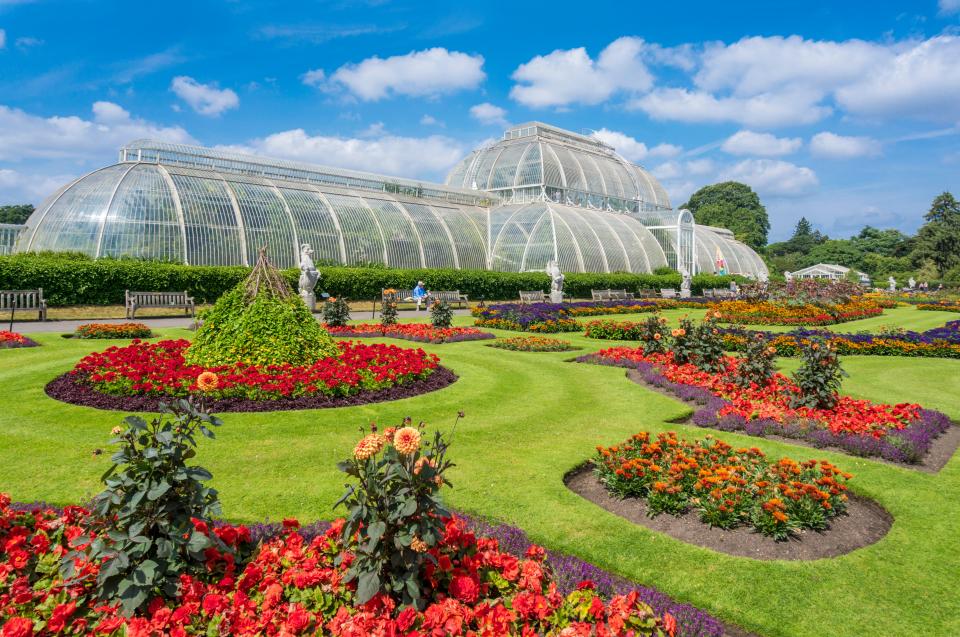 Kew Gardens Palm House and flower gardens.