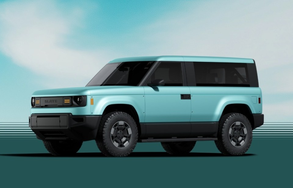 Light teal Slate Truck, an electric pick-up truck.
