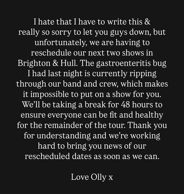 Olly Murs' announcement of rescheduling two UK shows due to illness.