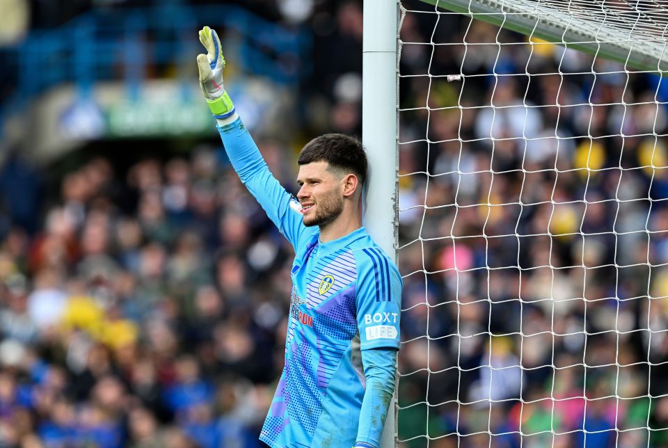 Illan Meslier, Leeds United goalkeeper, waves to the crowd.